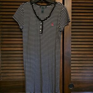 Ralph Lauren Black and White Striped Short Sleeve Dress with Red Polo Logo